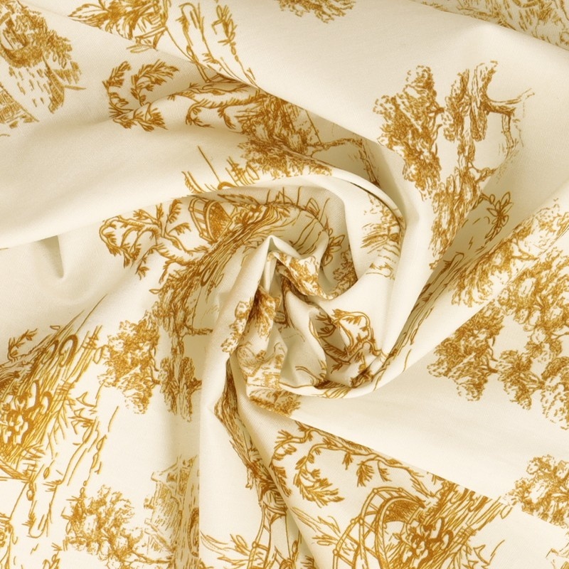 Tissu Popeline Imprimée Toile de Jouy Jaune