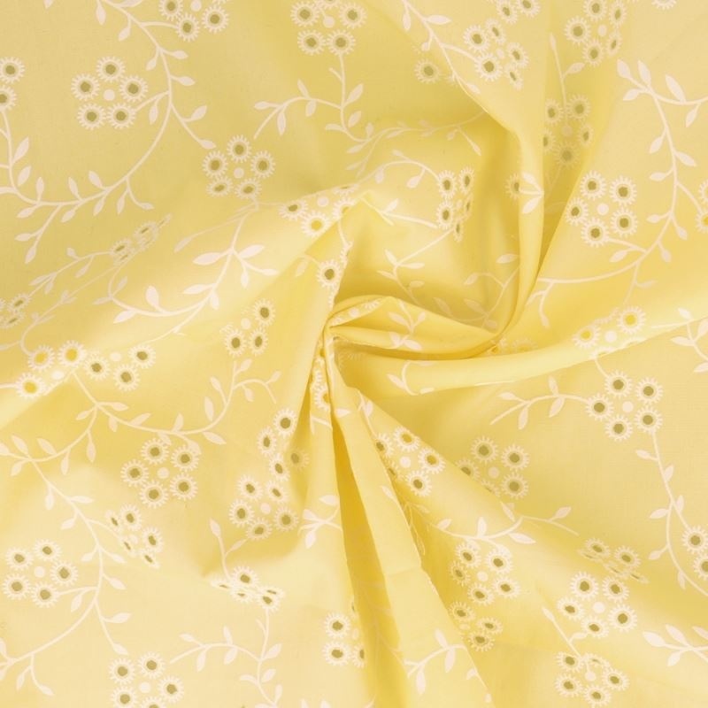 Tissu Popeline Floquée Esprit Broderie Jaune 