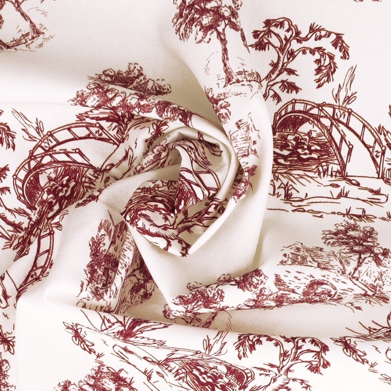 Tissu Popeline Imprimée Toile de Jouy Rouge