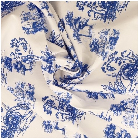 Tissu Popeline Imprimée Toile de Jouy Bleu