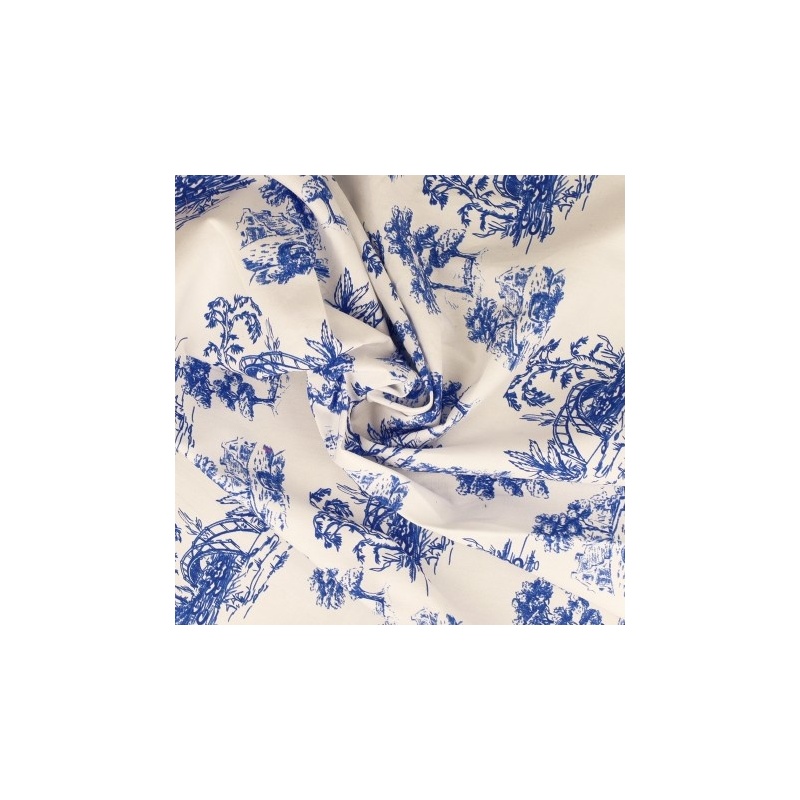 Tissu Popeline Imprimée Toile de Jouy Bleu