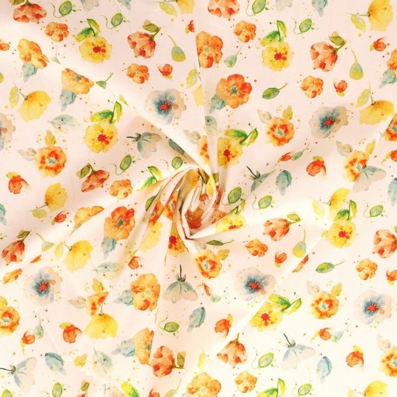 Tissu Popeline Imprimée Fleur Fond Blanc 