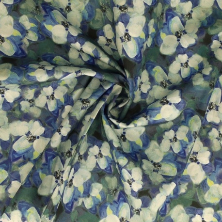 Tissu Popeline Imprimée Feuille Fond Bleu