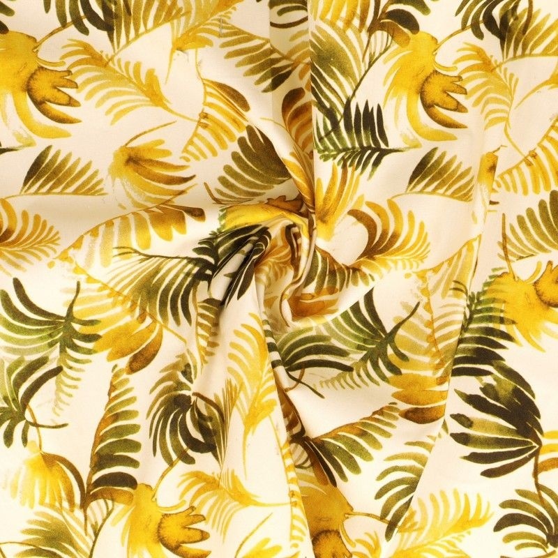 Tissu Popeline Imprimée Feuille Vert