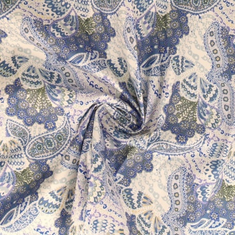 Tissu Popeline Imprimée Paisley Bleu 