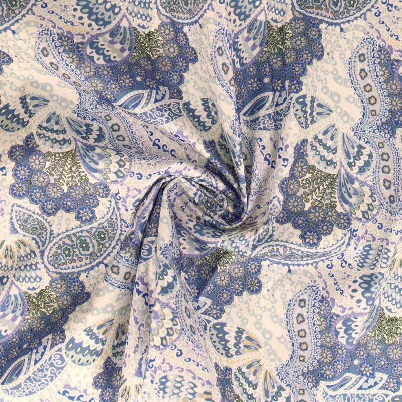 Tissu Popeline Imprimée Paisley Bleu 