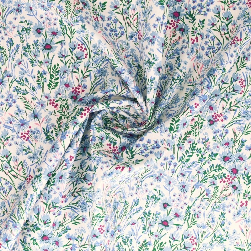 Tissu Popeline Imprimée Fleur Bleu