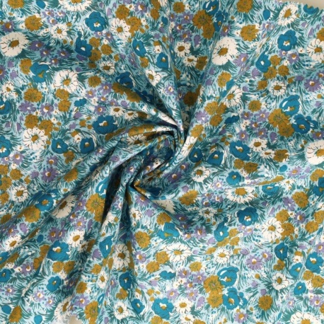 Tissu Popeline Imprimée Fleur Bleu
