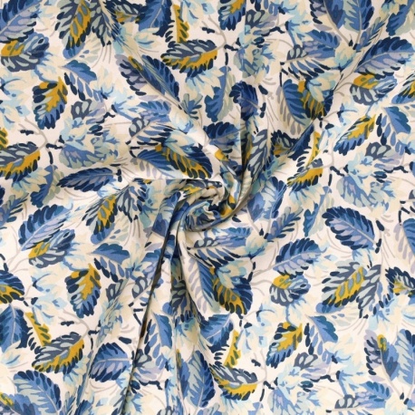 Tissu Popeline Imprimée Feuille Bleue