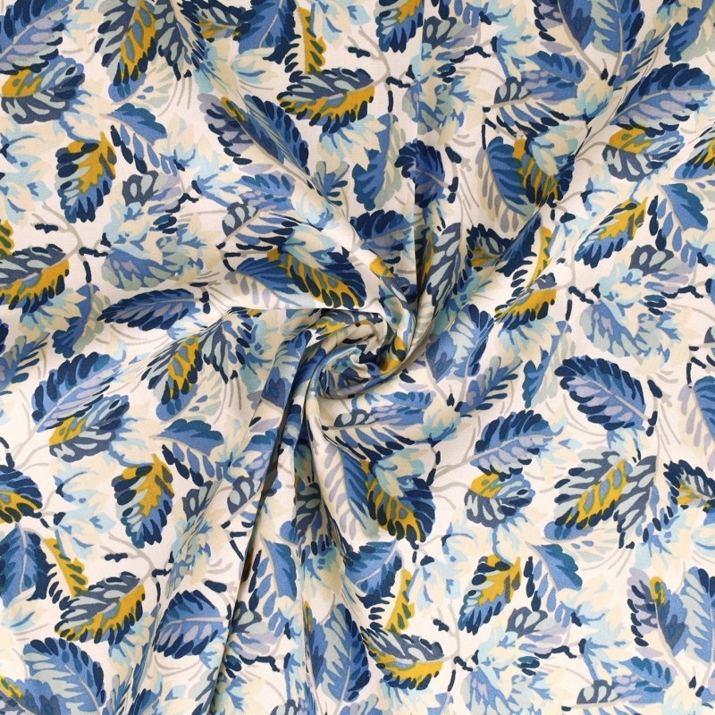 Tissu Popeline Imprimée Feuille Bleue