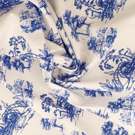 Tissu Popeline Imprimée Toile de Jouy Bleu