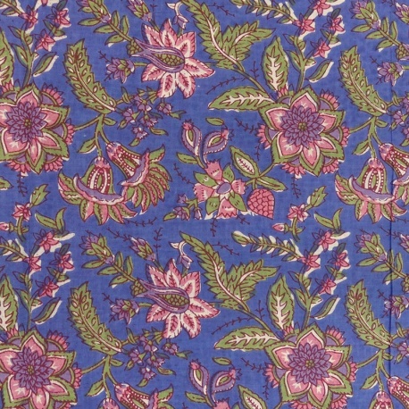Tissu Blockprint Impression Tampons Mains Floral Fond Bleu