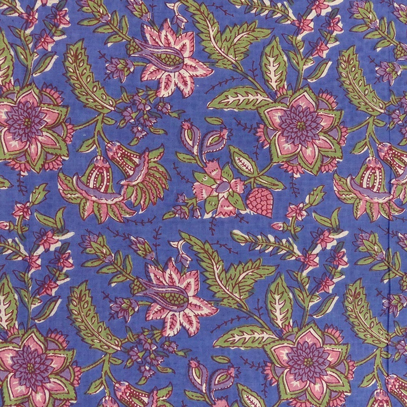 Tissu Blockprint Impression Tampons Mains Floral Fond Bleu