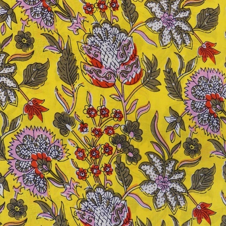Tissu Blockprint Impression Tampons Mains Floral Fond Jaune