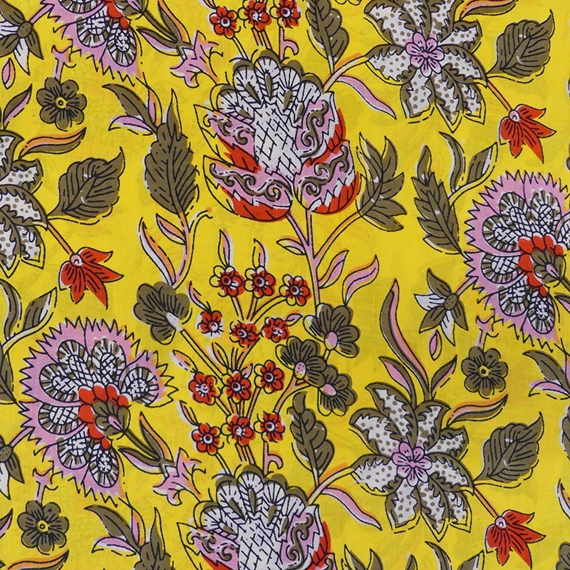 Tissu Blockprint Impression Tampons Mains Floral Fond Jaune