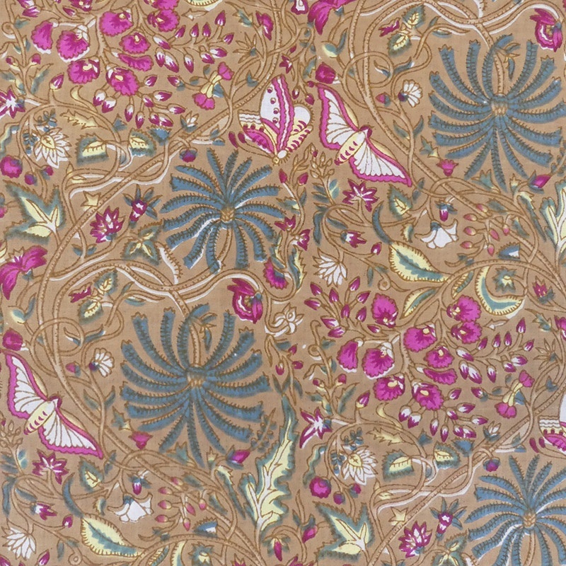 Tissu Blockprint Impression Tampons Mains Végétal Fond Marron Clair