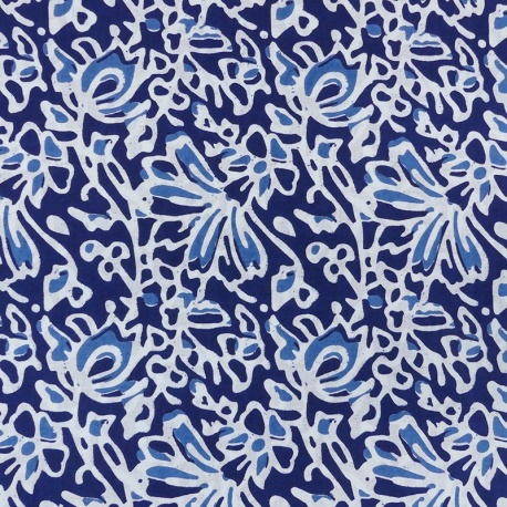 Tissu Blockprint Impression Tampons Mains Floral Bleu