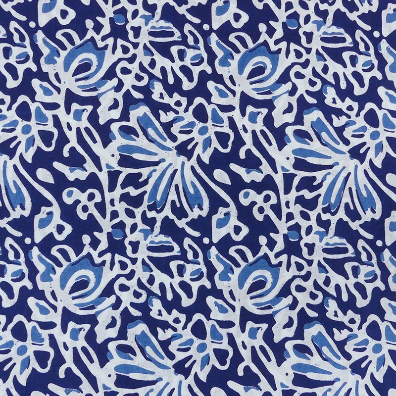 Tissu Blockprint Impression Tampons Mains Floral Bleu