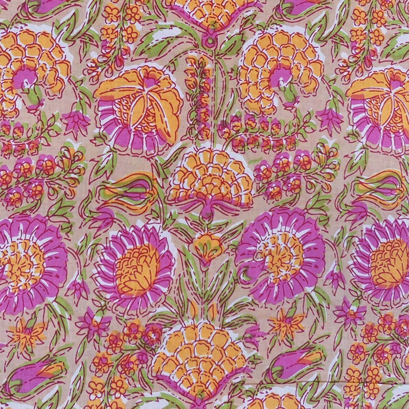 Tissu Blockprint Impression Tampons Mains Flroal Rose Fond Marron Clair