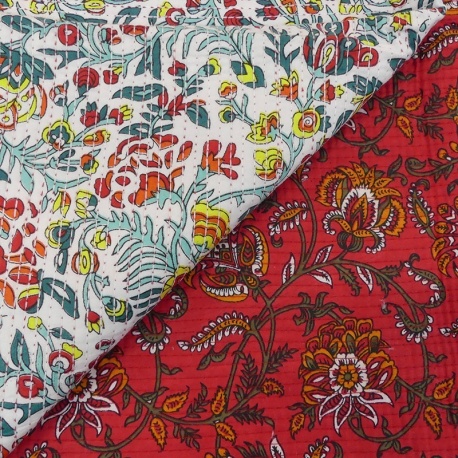 Tissu Blockprint Imprimé Tampons Mains Matelassé Double Face Floral Blanc et Rouge
