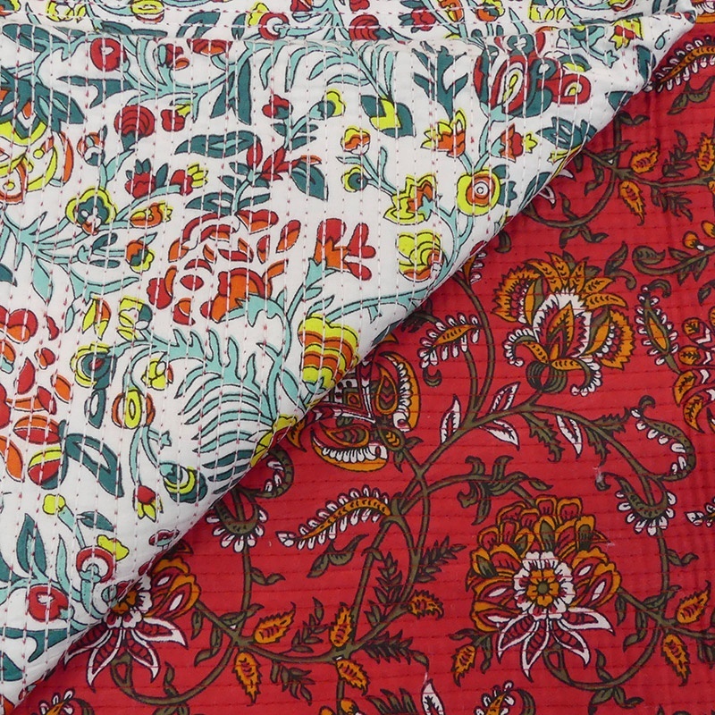 Tissu Blockprint Imprimé Tampons Mains Matelassé Double Face Floral Blanc et Rouge