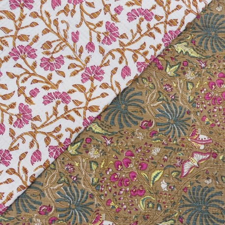 Tissu Blockprint Imprimé Tampons Mains Matelassé Double Face Floral Blanc et Marron Clair