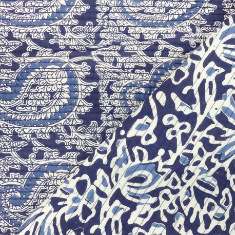 Tissu Blockprint Imprimé Tampons Mains Matelassé Double Face Floral et Paisley Bleu