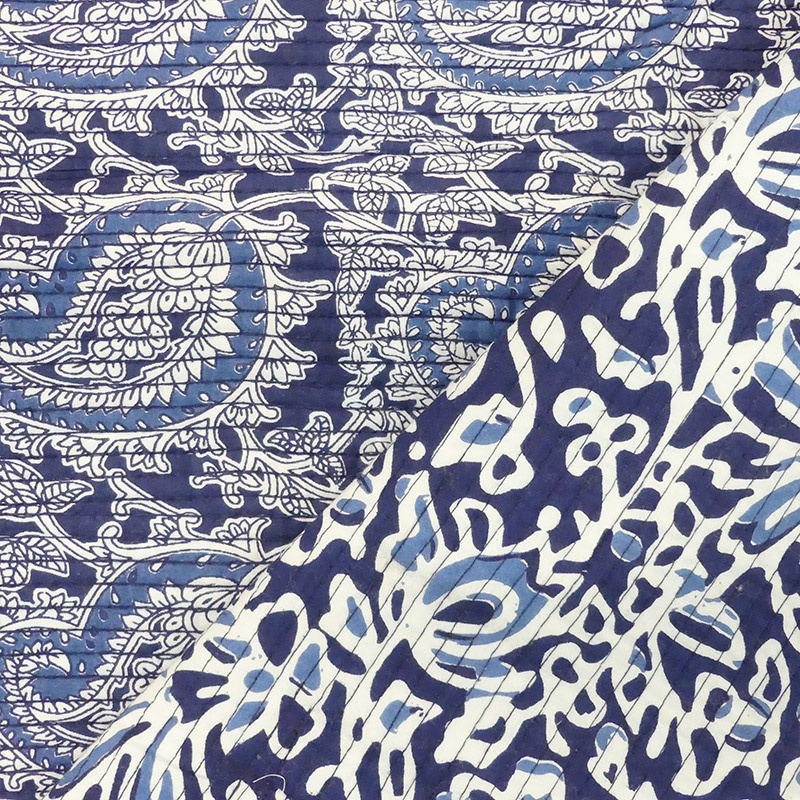 Tissu Blockprint Imprimé Tampons Mains Matelassé Double Face Floral et Paisley Bleu