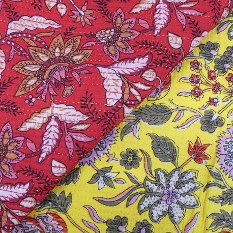 Tissu Blockprint Imprimé Tampons Mains Matelassé Double Face Floral Rouge et Jaune