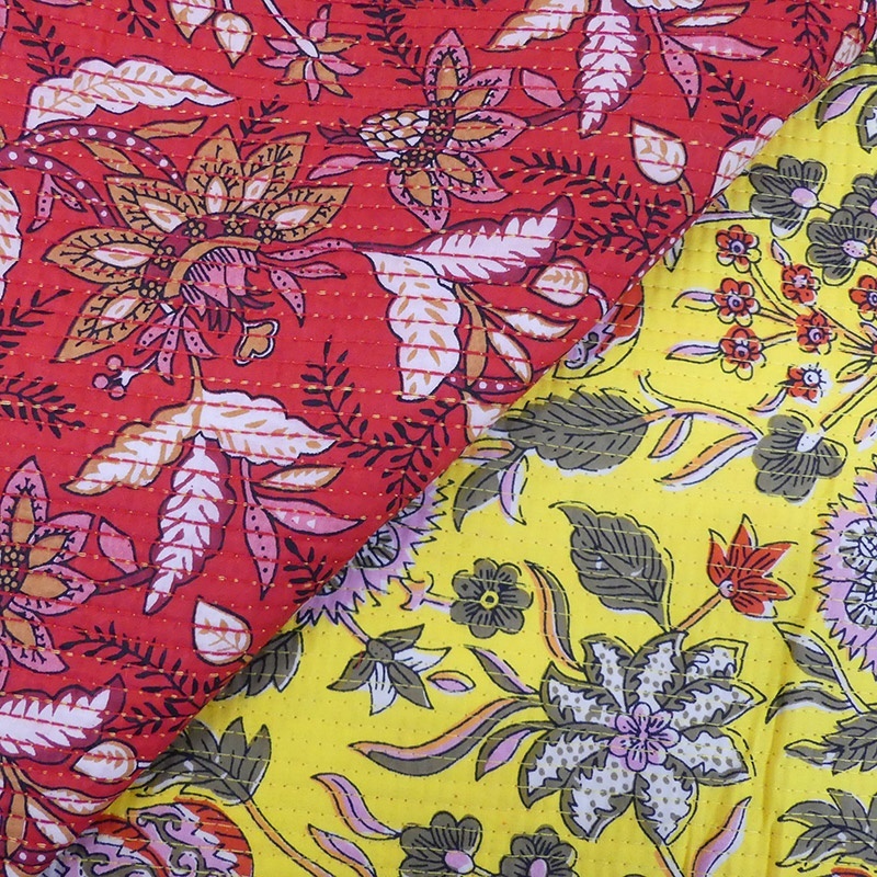 Tissu Blockprint Imprimé Tampons Mains Matelassé Double Face Floral Rouge et Jaune