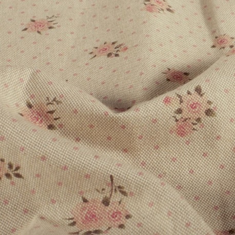 Tissu Petites Fleurs Rose Fond Coloris Lin 
