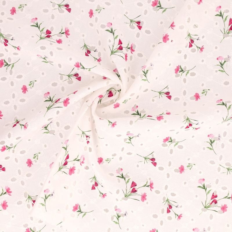 Tissu Broderie Coton Fleurs Rose 