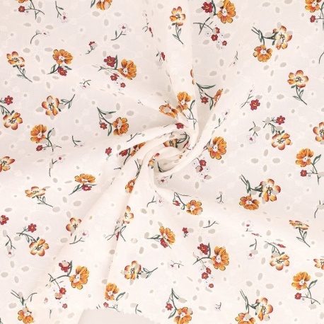 Tissu Broderie Coton Fleurs Orange