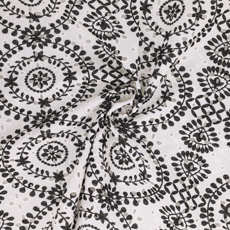 Tissu Broderie Coton Fleurs Fond Blanc 
