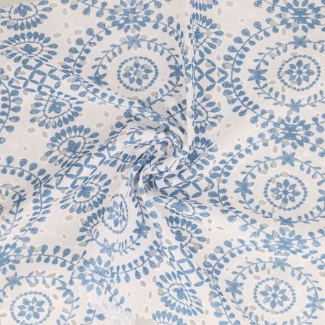 Tissu Broderie Coton Fleurs Bleu
