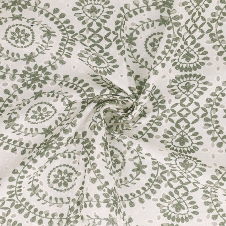 Tissu Broderie Coton Fleurs Vert