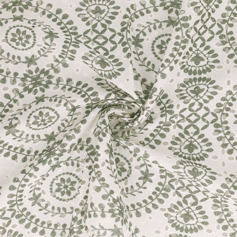 Tissu Broderie Coton Fleurs Vert