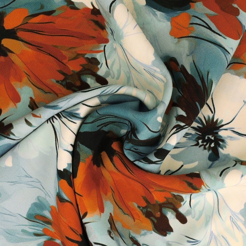 Tissu Popeline De Viscose Imprimée Fleur Orangé