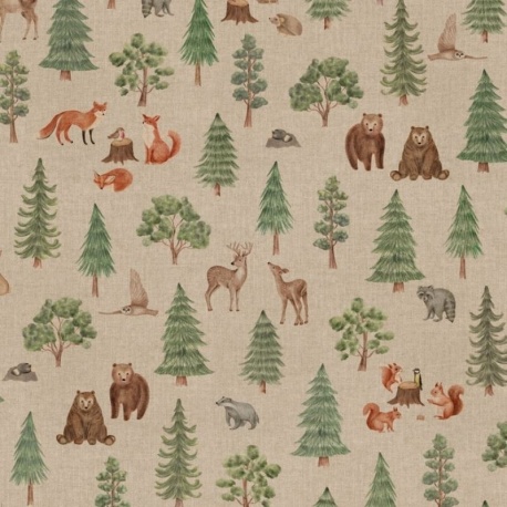 Tissu Wildwood Animal Scene Fond Coloris Lin Digital 