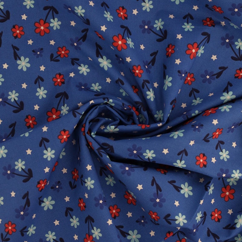 Tissu Coton Imprimé Fleur Fond Bleu