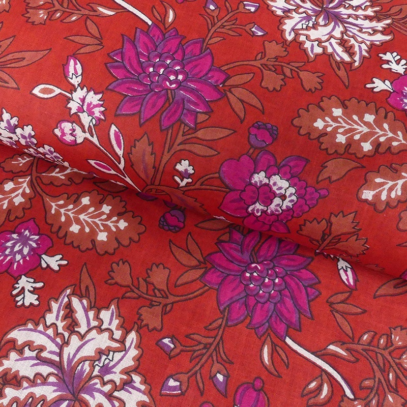 Tissu Blockprint Impression Tampons Mains Fleur Fond Rouge