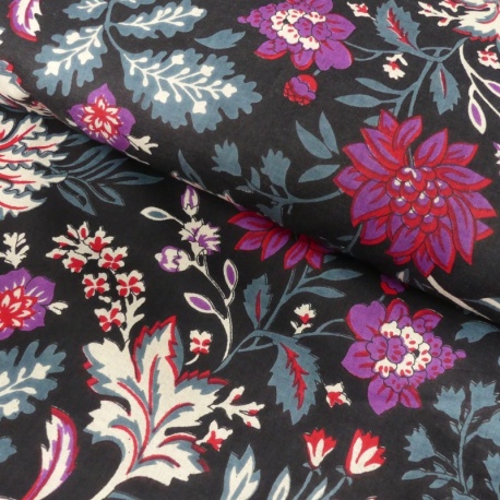 Tissu Blockprint Impression Tampons Mains Fleur Fond Noir