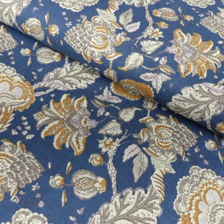 Tissu Blockprint Impression Tampons Mains Floral Bleu