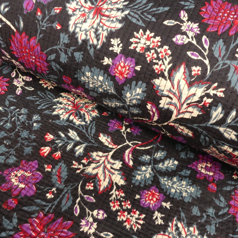 Tissu Blockprint Imprimé Tampons Mains Matelassé Double Face Floral Noir Bordeaux