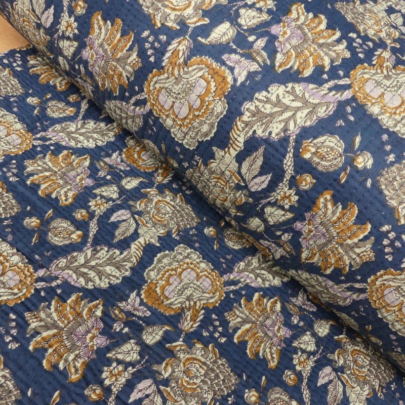 Tissu Blockprint Imprimé Tampons Mains Matelassé Double Face Bleu Jaune