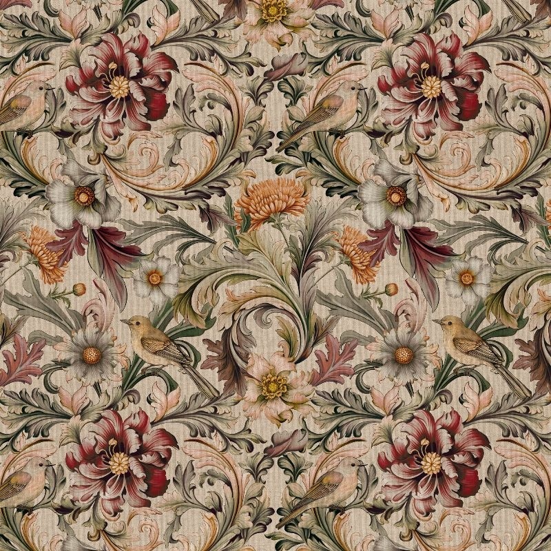Tissu Bird And Flower Fond Coloris Lin Digital