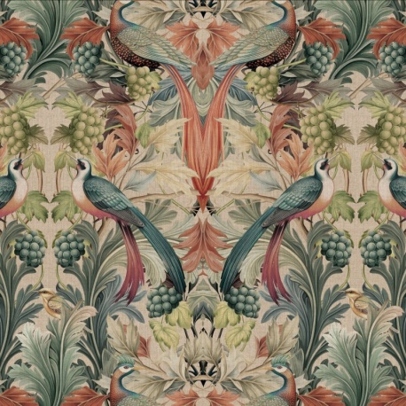 Tissu Leafy Paradise Bird Fond Coloris Lin Digital