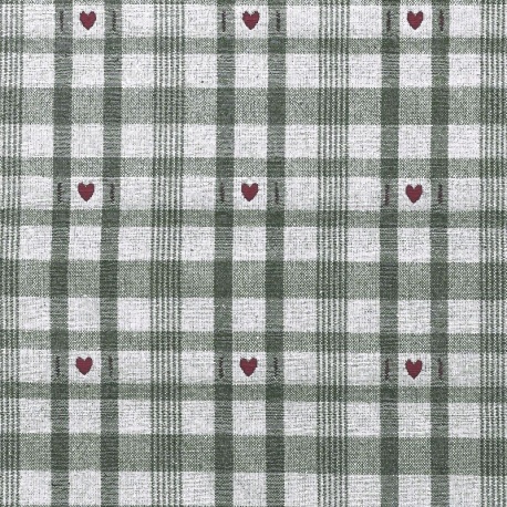 Tissu Jacquard Ollon Vert Coeur Rouge 