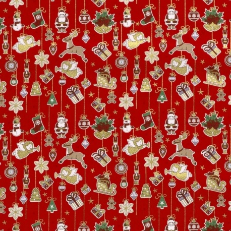 Tissu Cretonne Imrimée Foil Noël Fond Rouge 
