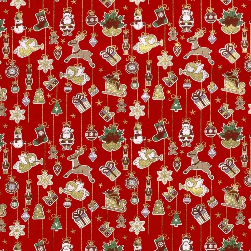 Tissu Cretonne Imprimée Foil Noël Fond Rouge 